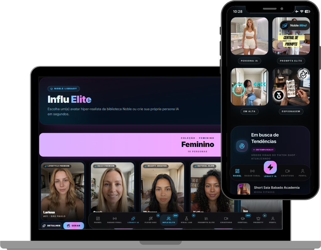 NobleMind no desktop e mobile — radar de produtos e Prompts Elite